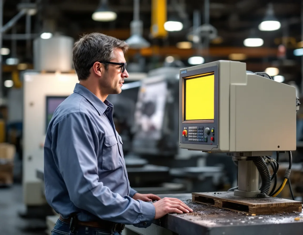 Machinist at an industrial CNC control terminal on the shop floor of a Conroe Texas manufacturer