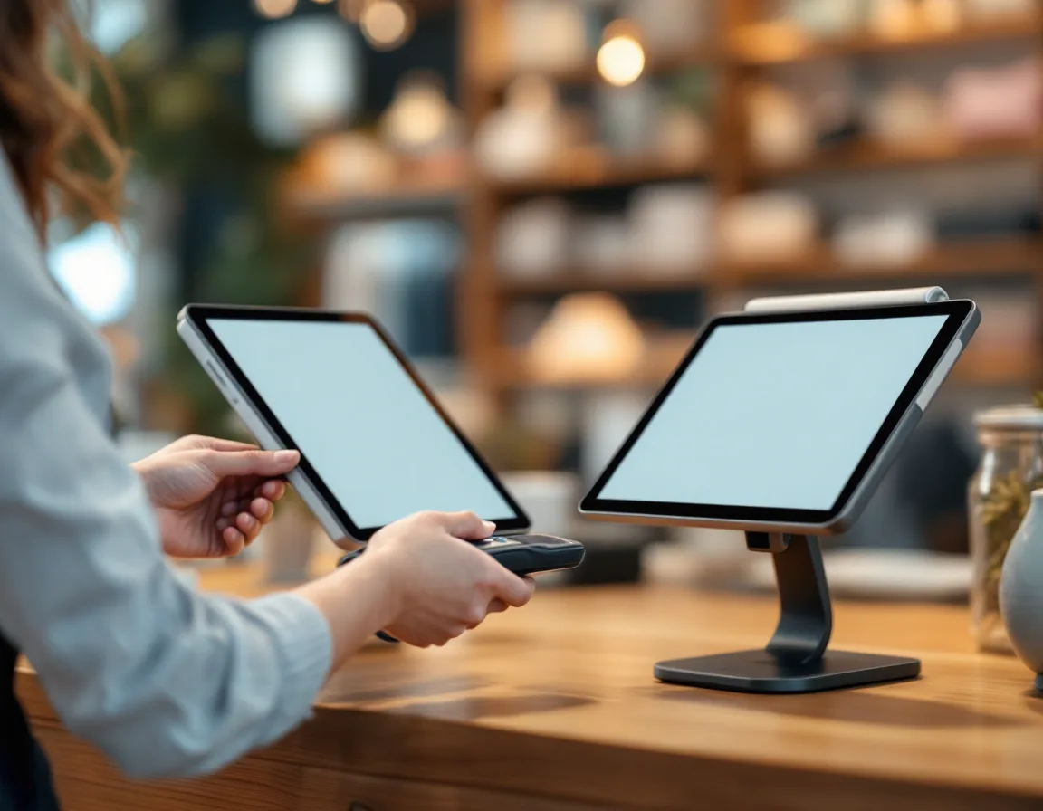 Chip card reader and point-of-sale tablet on a retail counter at a small Grapevine Texas business