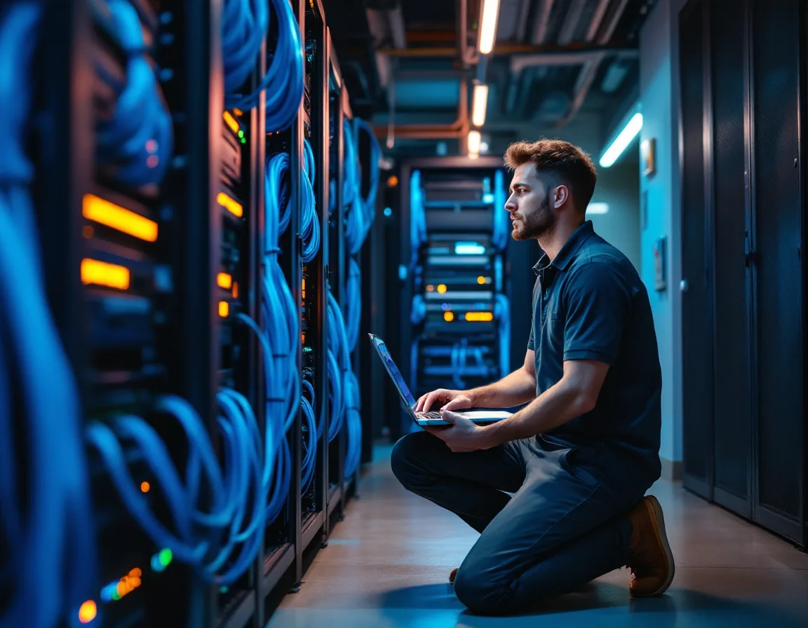 IT technician working at a network equipment rack during on-site managed IT support in Grapevine Texas