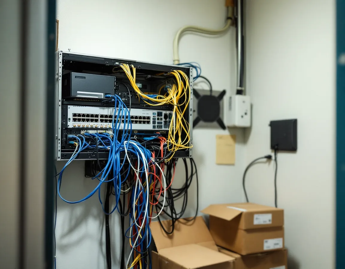 Overloaded network closet with tangled cabling at a fast growing New Braunfels Texas business