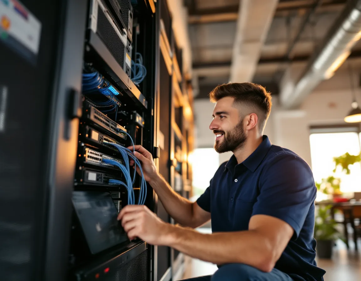 IT technician patching a network switch during on-site managed IT support at a New Braunfels Texas business