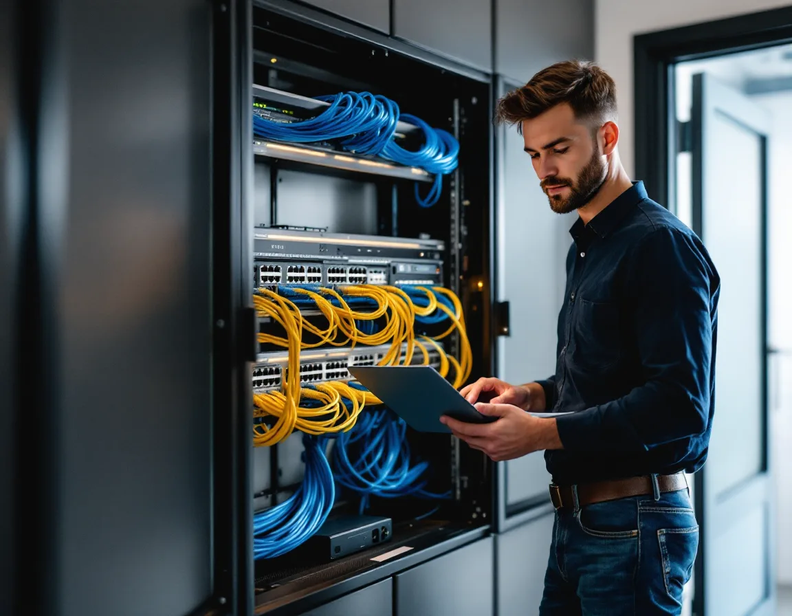IT engineer checking network switches and a firewall in the server room of a Schertz Texas warehouse office
