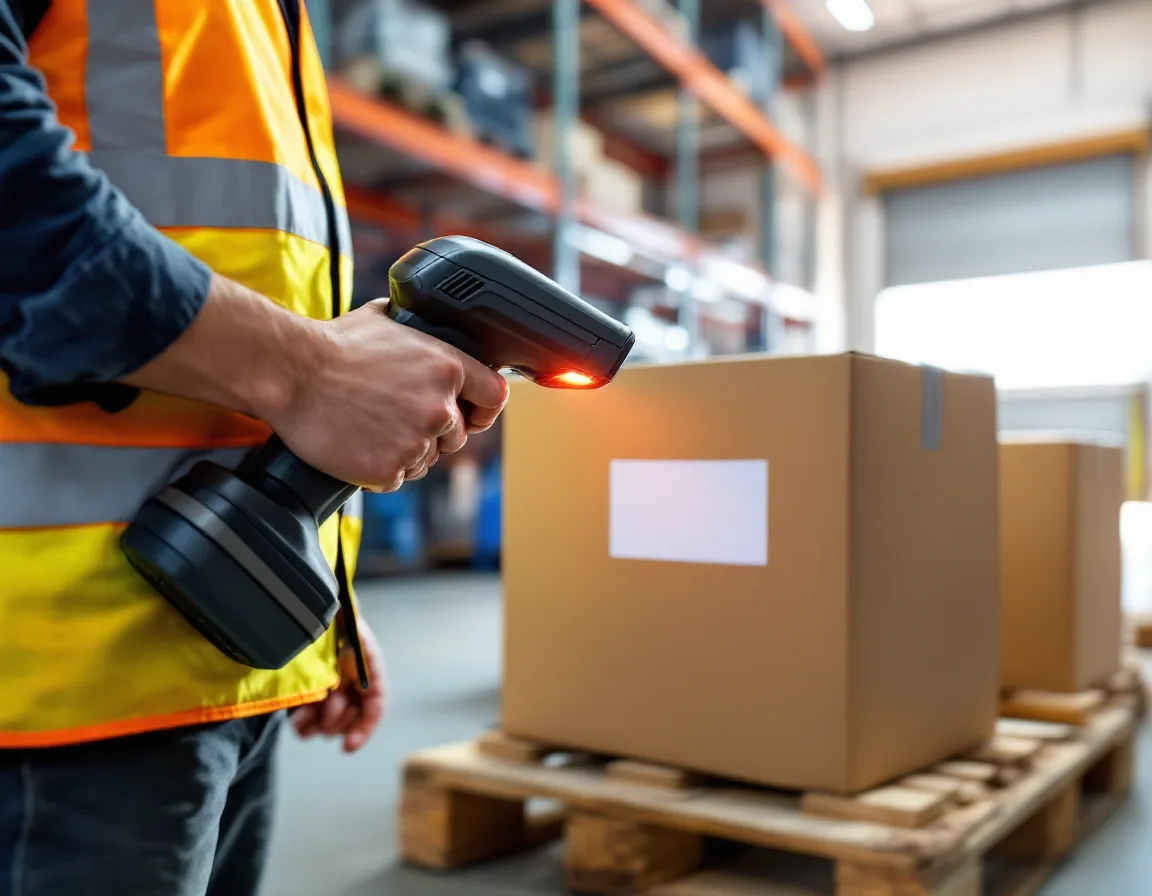 Warehouse worker scanning a pallet label with a handheld barcode scanner at a Schertz Texas distribution center