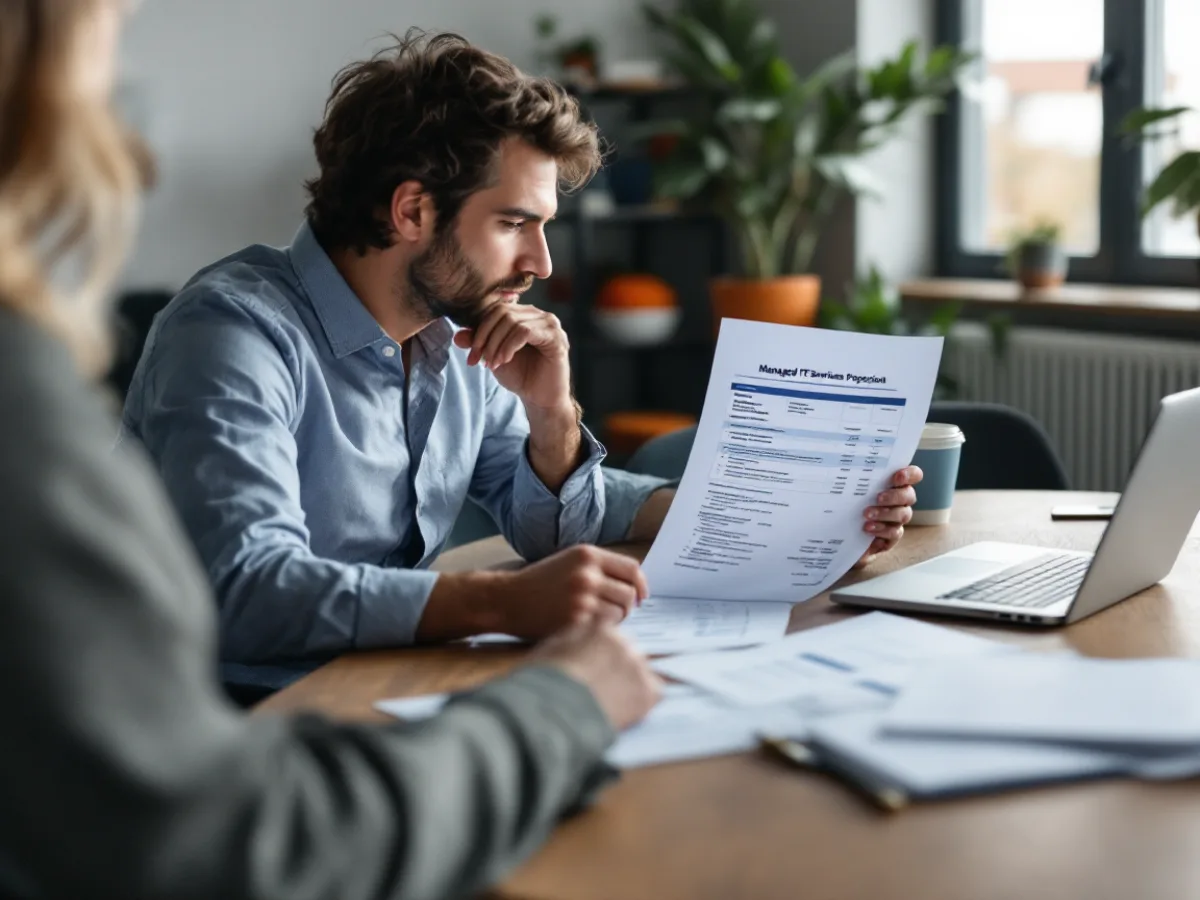 Texas business owner comparing a managed IT proposal against hourly IT support invoices at a conference table