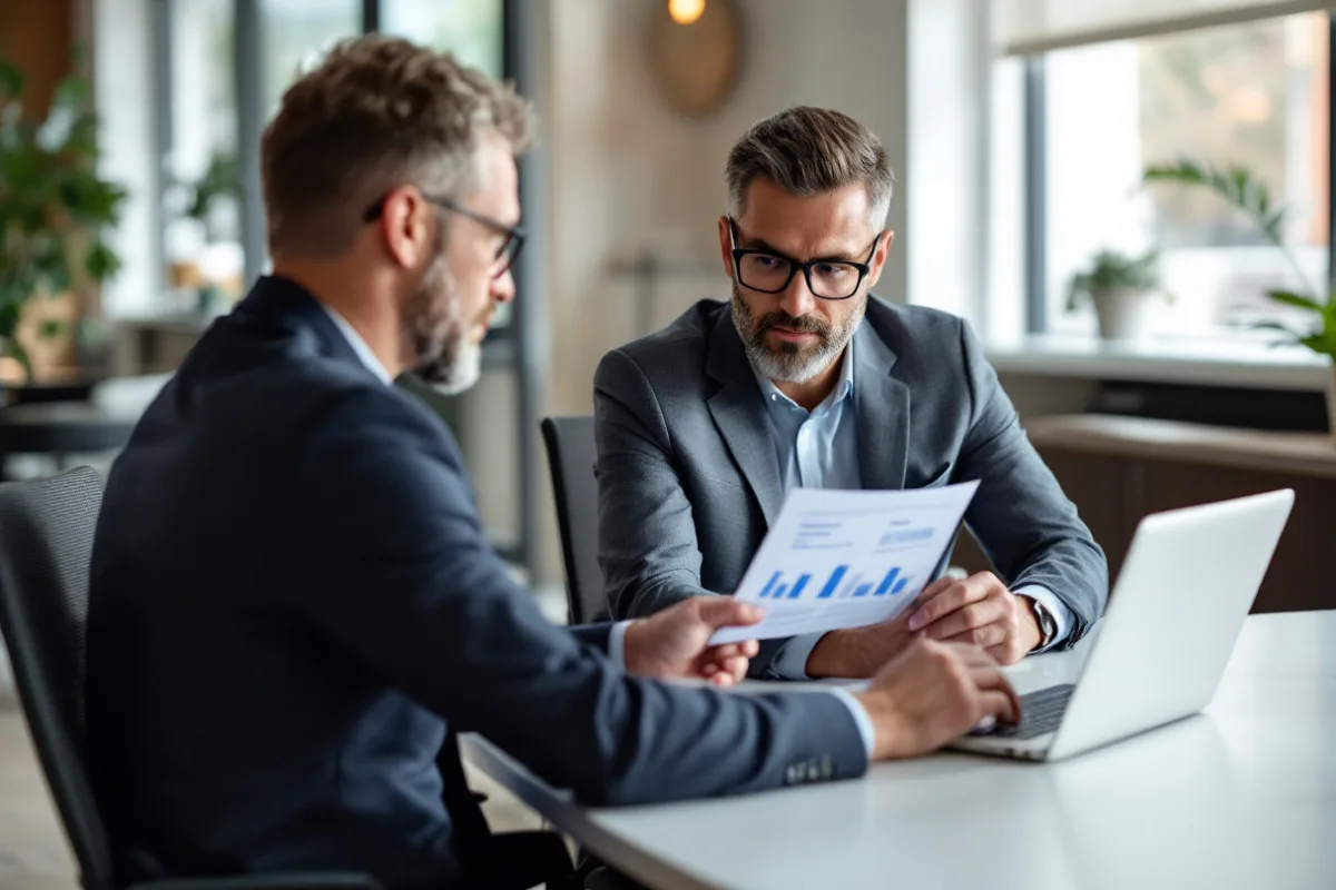 Dallas business owner and Uprite security consultant reviewing a written cybersecurity risk assessment