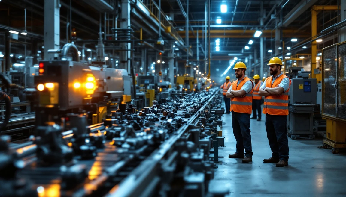Stopped conveyor line with an amber stack light and three idled operators waiting on the floor of a Texas manufacturing plant