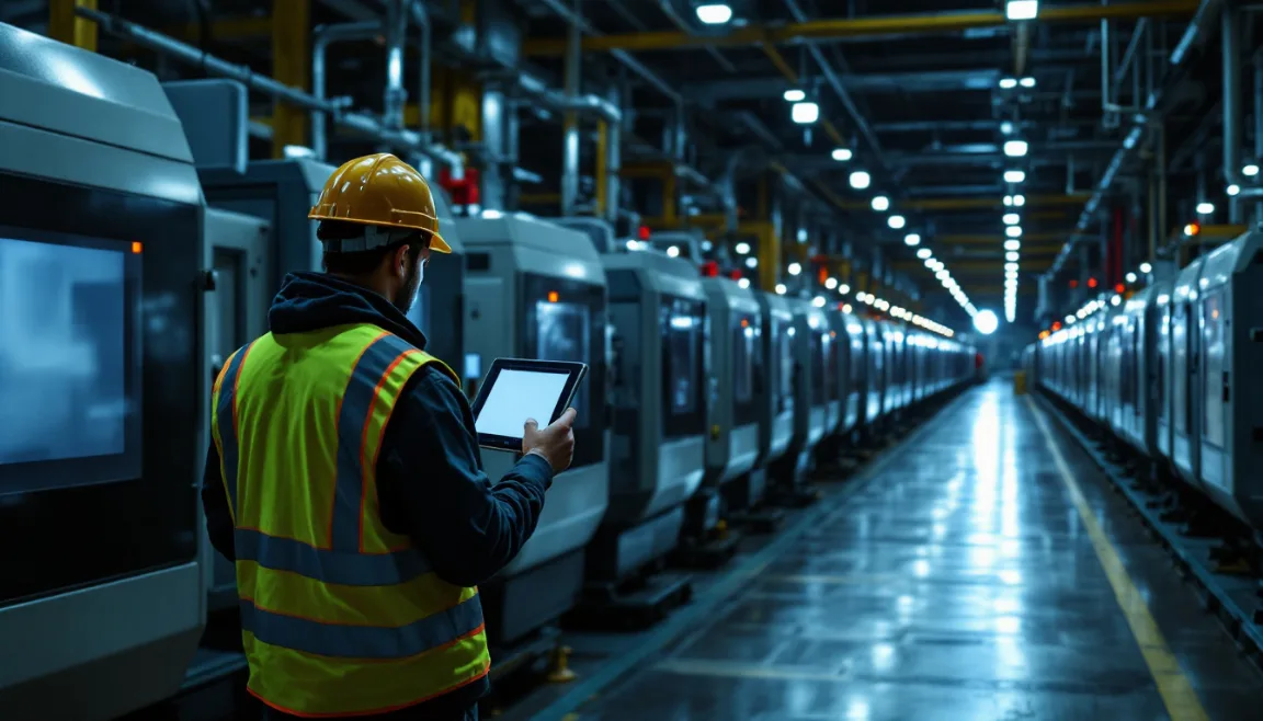 Idle CNC machines and dark operator screens during an unplanned IT outage at a Texas manufacturing plant, supervisor checking a tablet in dim light