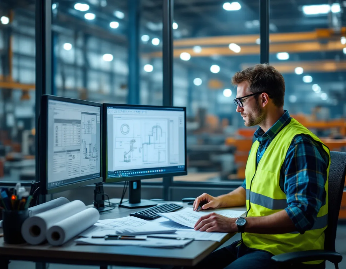 Quality engineer at a Houston manufacturing plant reviewing inspection records and engineering drawings on dual monitors