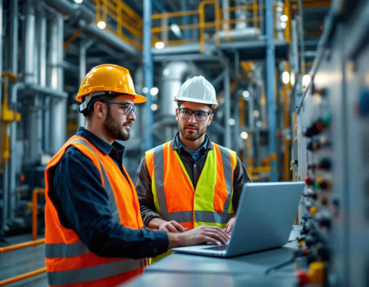 Maintenance technicians working at a control cabinet during a plant turnaround near the Houston Ship Channel