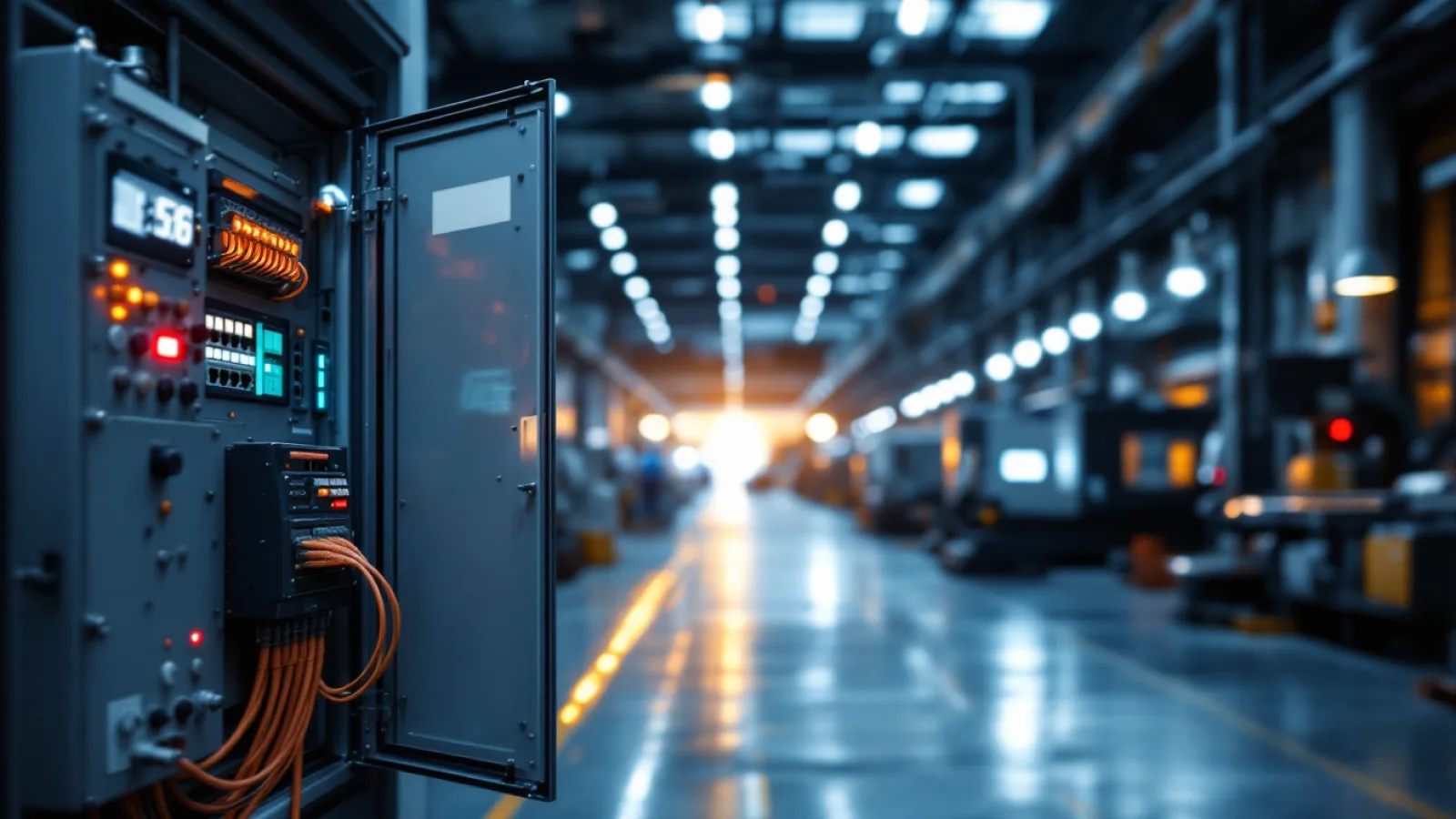 Open industrial control cabinet with a PLC and network switch on a Texas fabrication plant floor at dusk