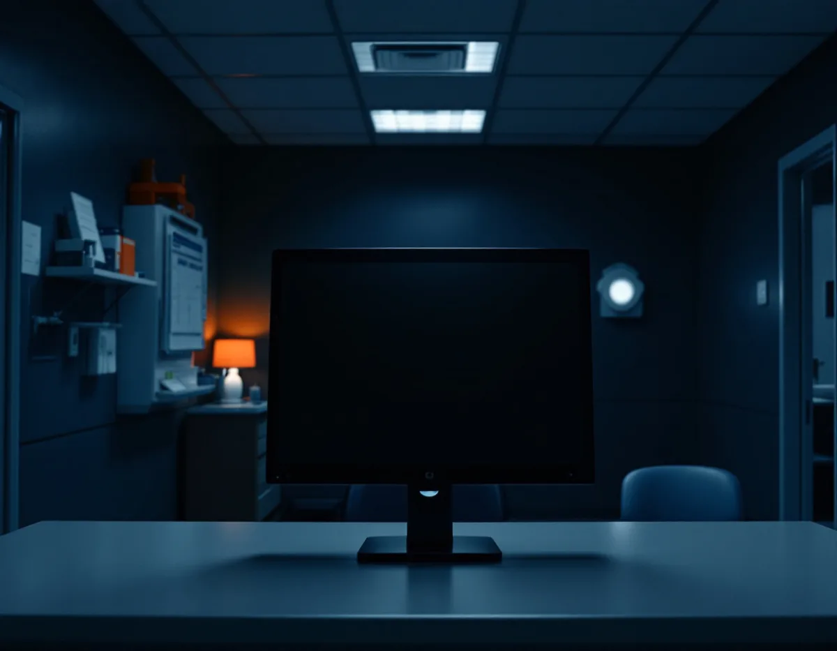 Empty medical clinic nurse station after hours with a dark, locked workstation monitor