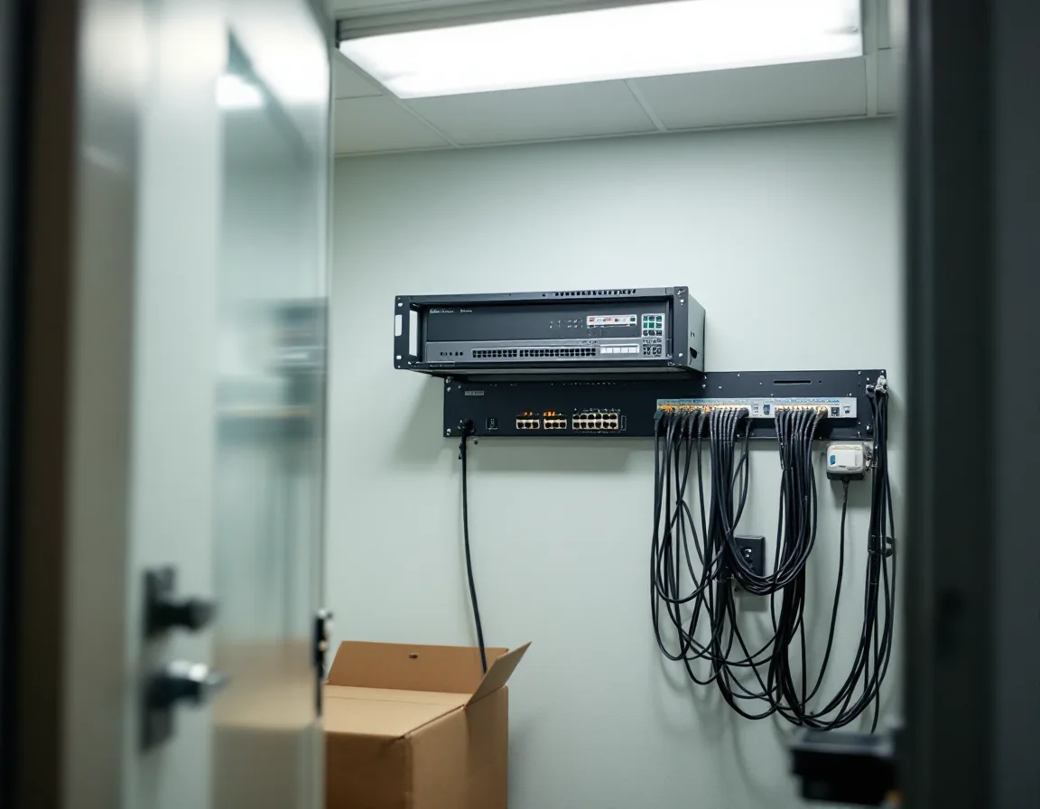 Network closet in a medical office with a wall-mounted firewall, switch and patch panel
