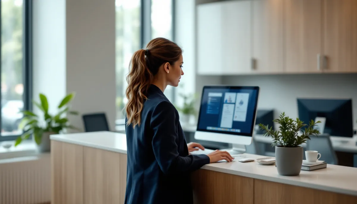 Practice manager at a Dallas medical office reviewing IT provider options on a front desk computer