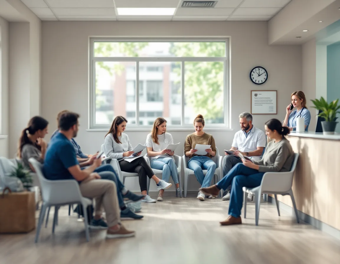 Medical practice waiting room filling up with seated patients while the receptionist works the phone with a clipboard