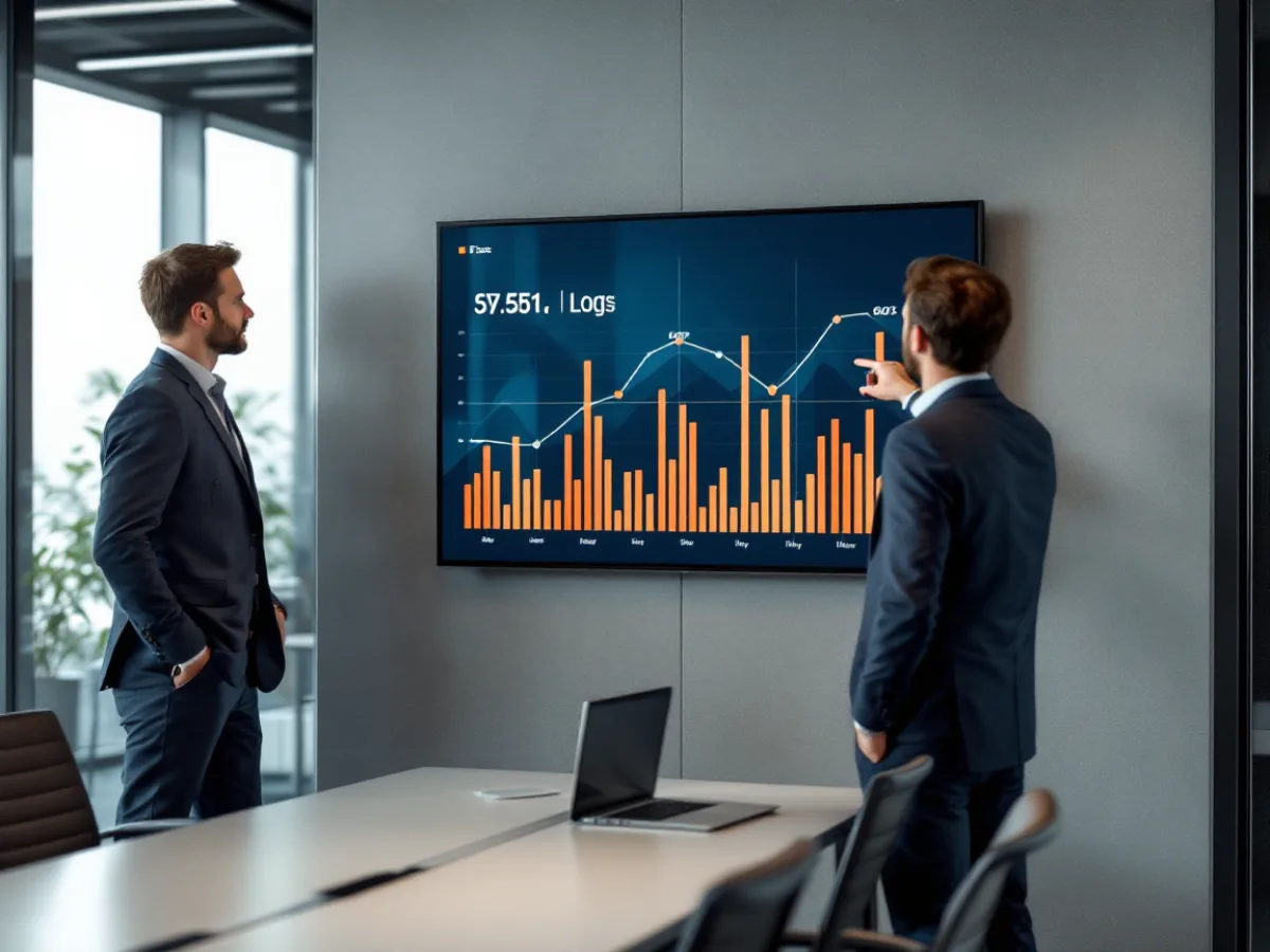 Two IT professionals reviewing an activity log timeline on a wall display and pointing at a gap in the data