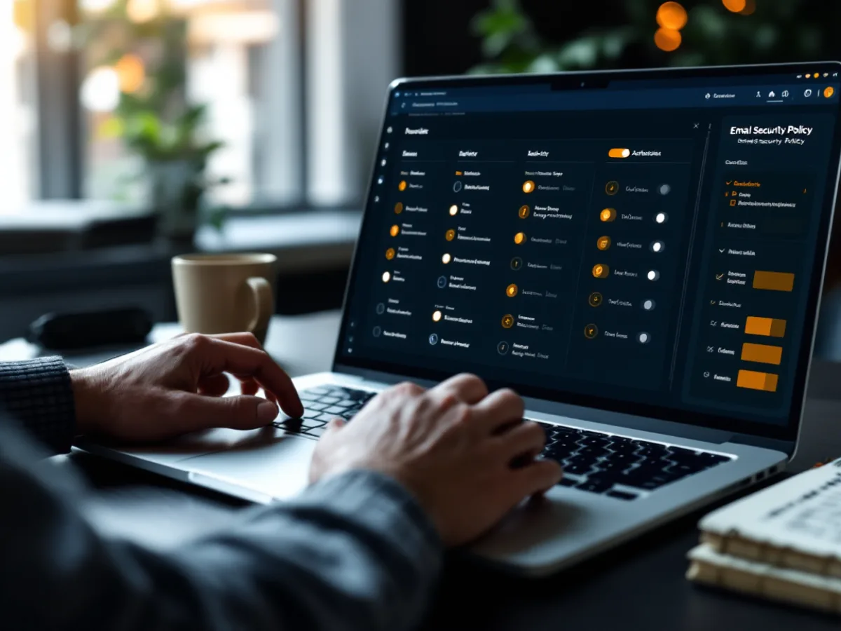 Systems administrator reviewing Microsoft 365 email security policy toggles on a laptop at an office desk