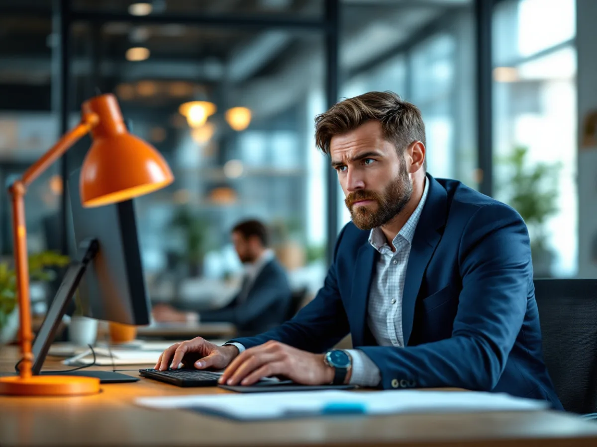 Finance manager pausing to scrutinise a suspicious email on a monitor in a Texas office