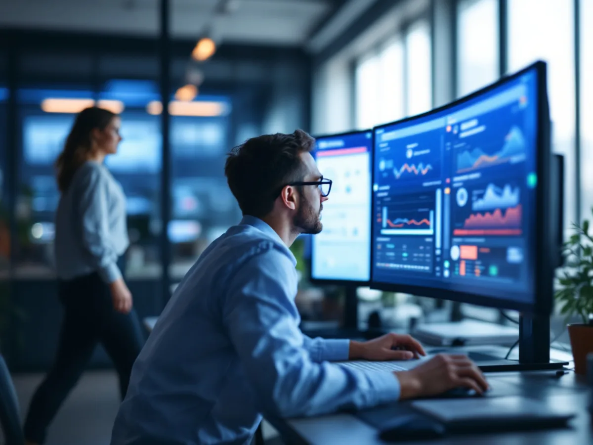 Security engineer reviewing endpoint detection and response coverage on a dual monitor workstation after a Microsoft 365 license change