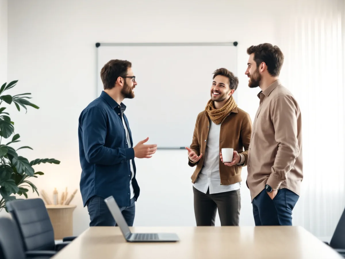 Three IT professionals planning the sequence of a Microsoft 365 Business Premium to Enterprise migration in a meeting room