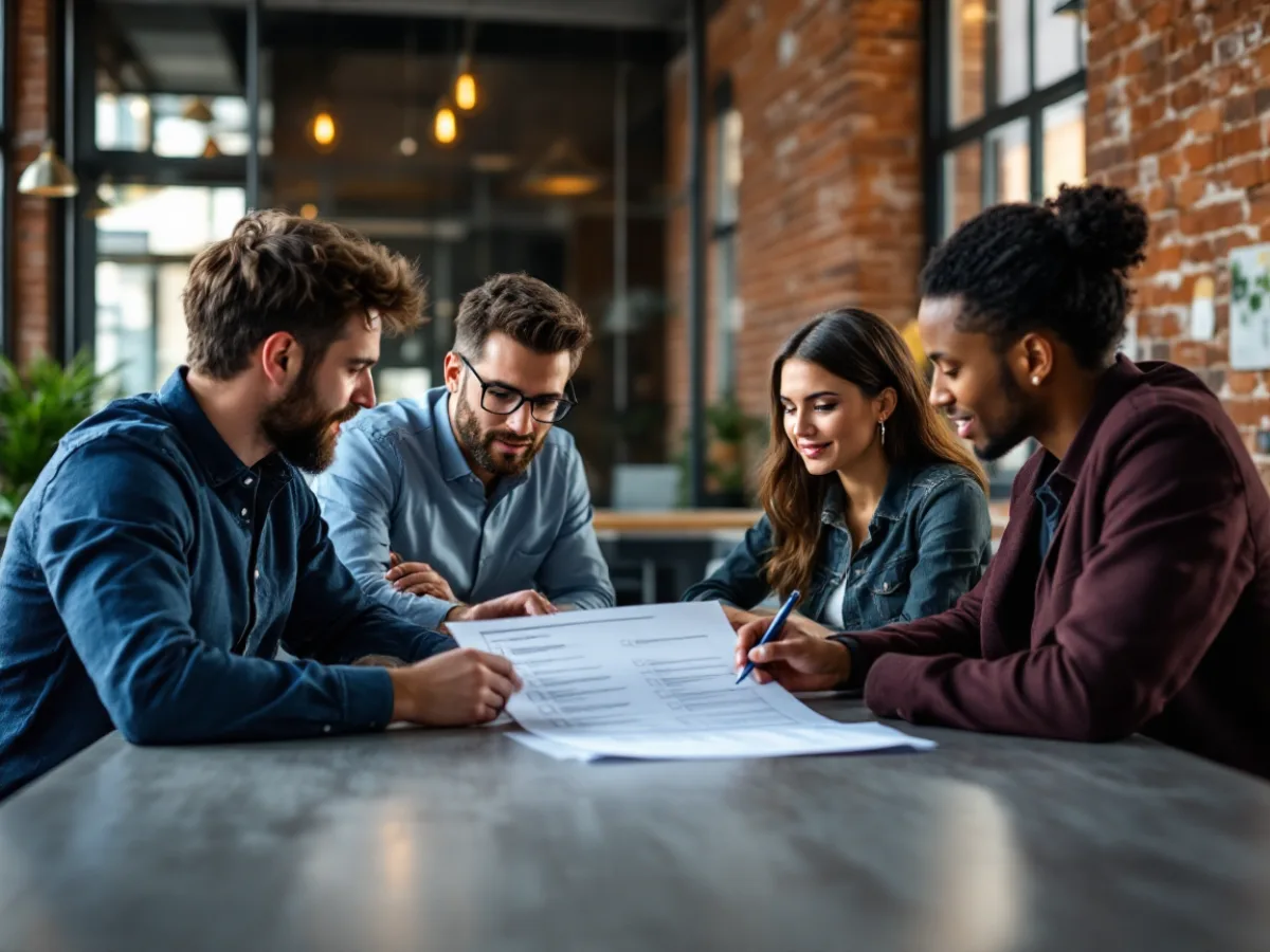 Small business leadership team reviewing a printed Microsoft 365 security checklist around a conference table