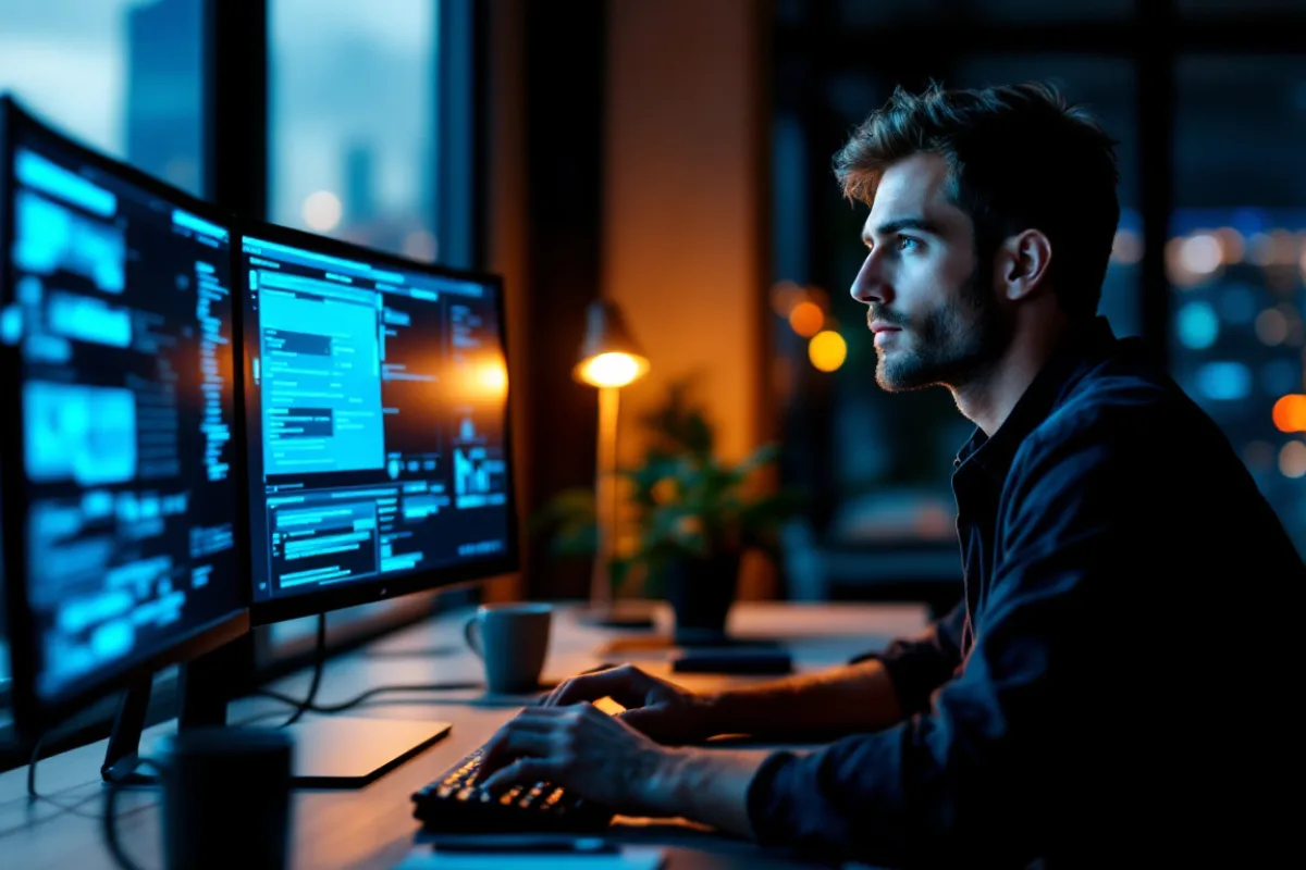 Uprite systems engineer working a Microsoft 365 tenant cutover on dual monitors after hours in a Houston office