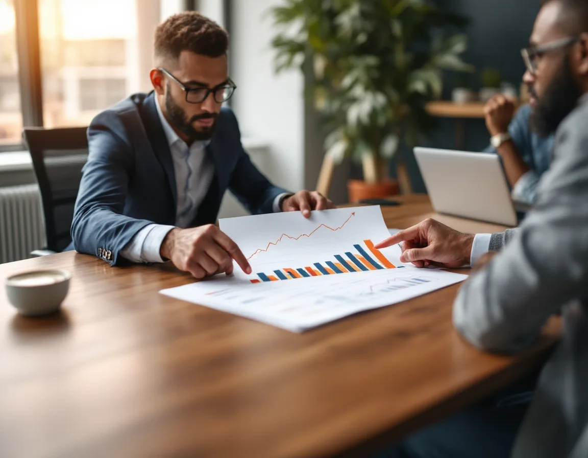 Two executives reviewing a rising chart of MSP acquisition activity across the Dallas-Fort Worth market