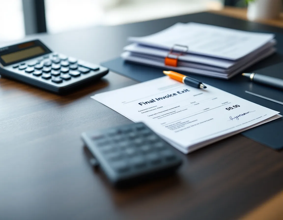 Final invoice, calculator and software licensing paperwork on a desk representing early termination fees owed when exiting an MSP contract