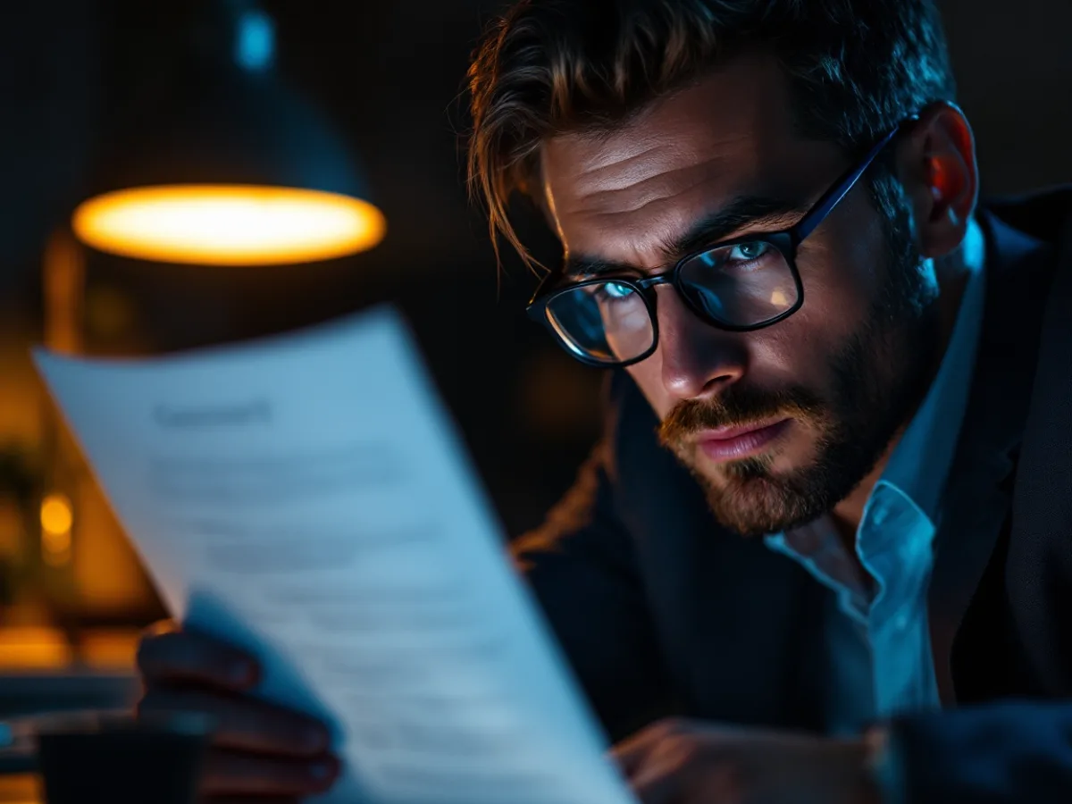 Executive reading the exclusions section of a managed IT services contract under a desk lamp