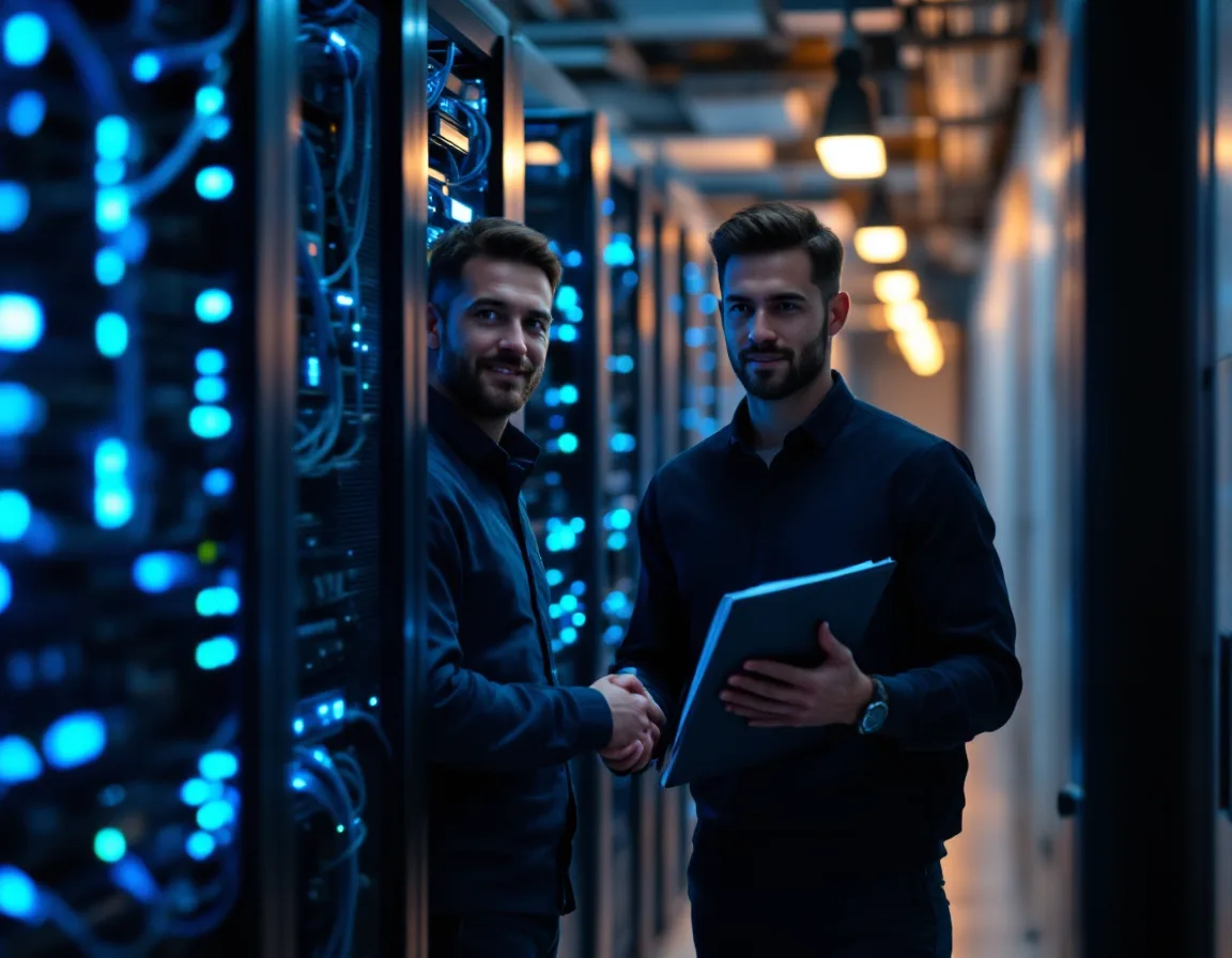 Two IT professionals shaking hands in a data centre aisle while holding documentation, representing the handover at the end of an MSP contract
