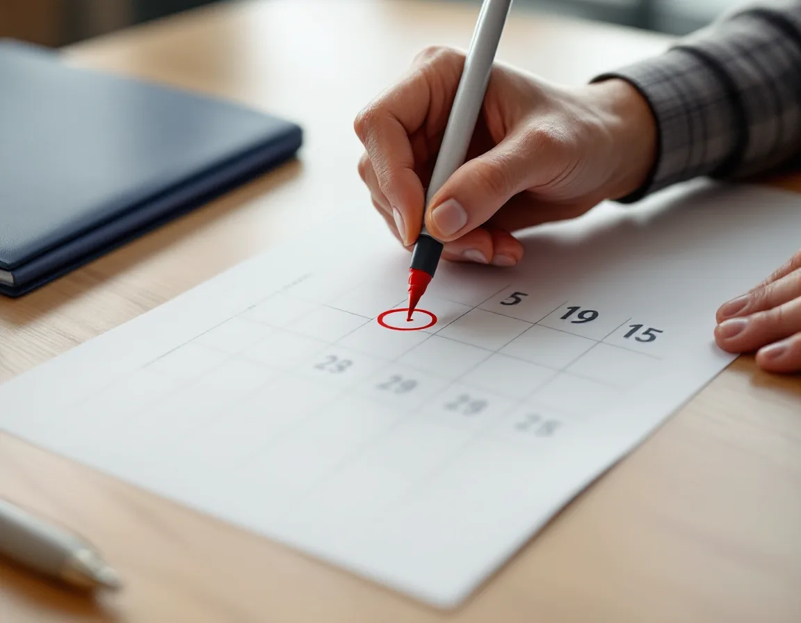 A hand circling a renewal notice date in red on a desk calendar, showing the cancellation window an MSP contract requires before it renews automatically