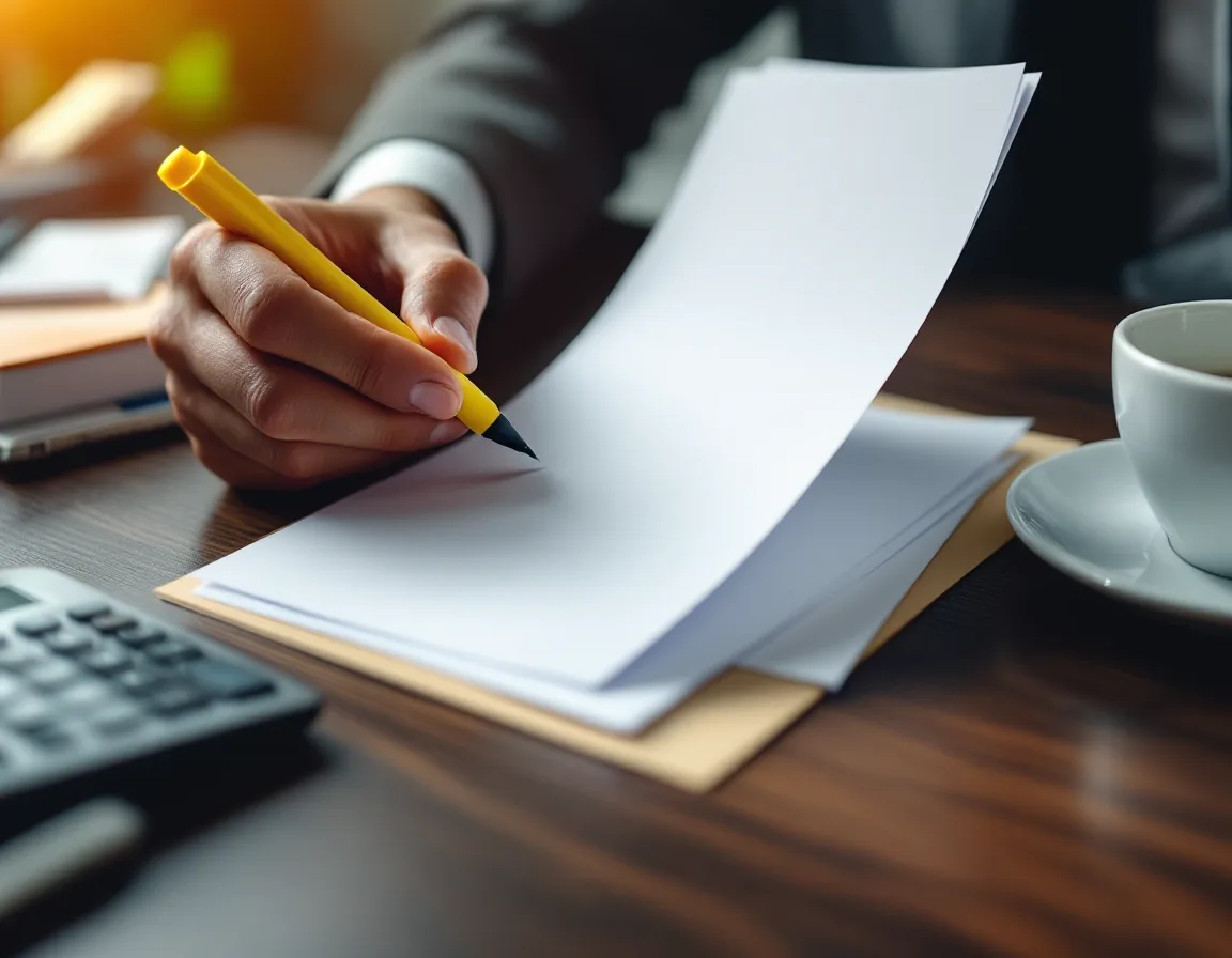 A business owner reviewing a stack of managed services paperwork with a highlighter and a calculator, checking which work falls outside the contract scope