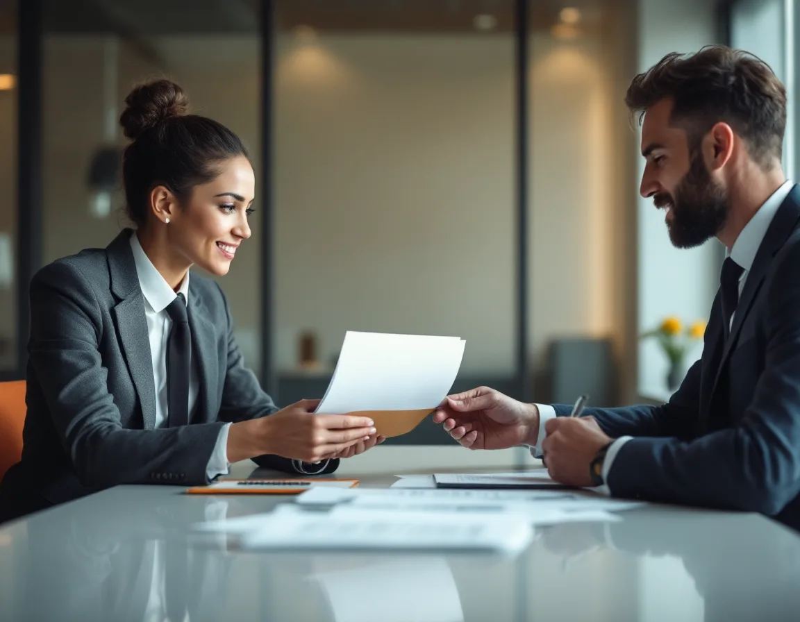 Two business professionals passing a labelled folder of records across a conference table during a stalled MSP offboarding handover