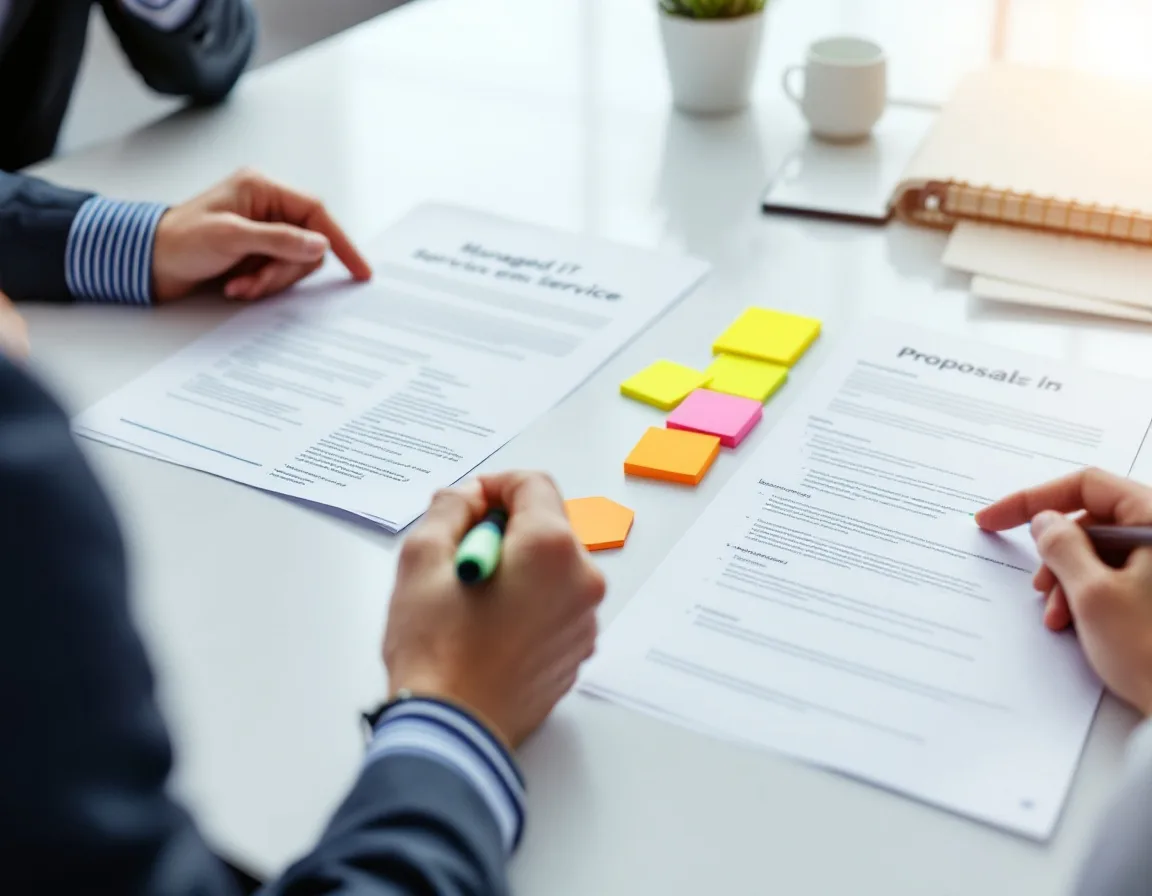 Three printed managed IT service provider proposals fanned out on a boardroom table with sticky notes and a highlighter