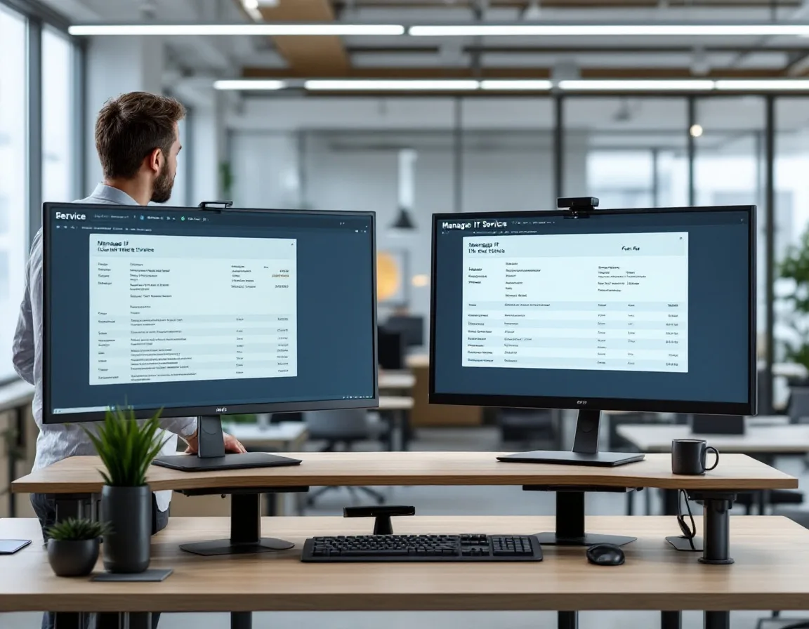 Office manager comparing a flat rate managed IT quote and a per user quote side by side on two monitors