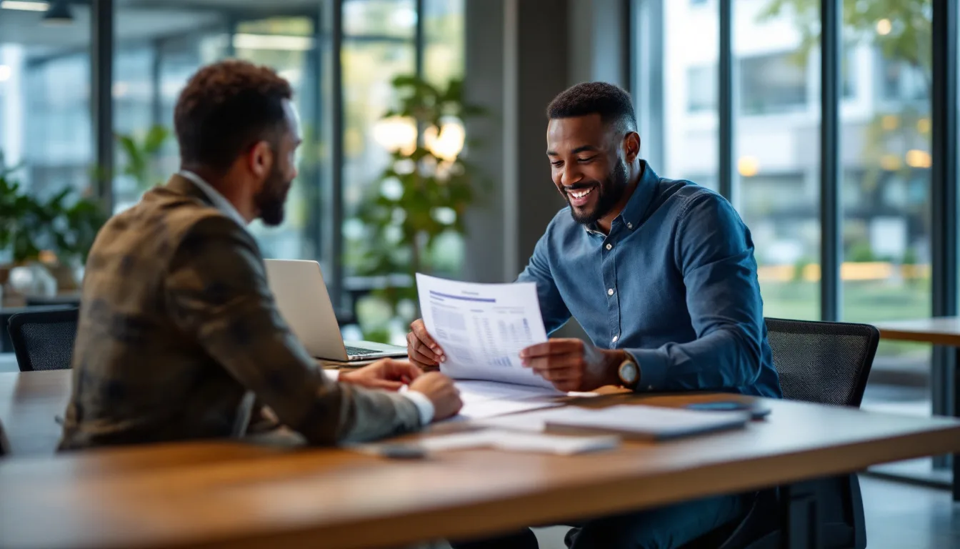 Business owner and IT account manager reviewing a managed IT services pricing proposal at a conference table