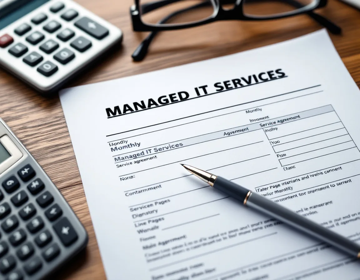 Monthly managed IT services invoice and multi page service agreement spread across a desk with a calculator and pen