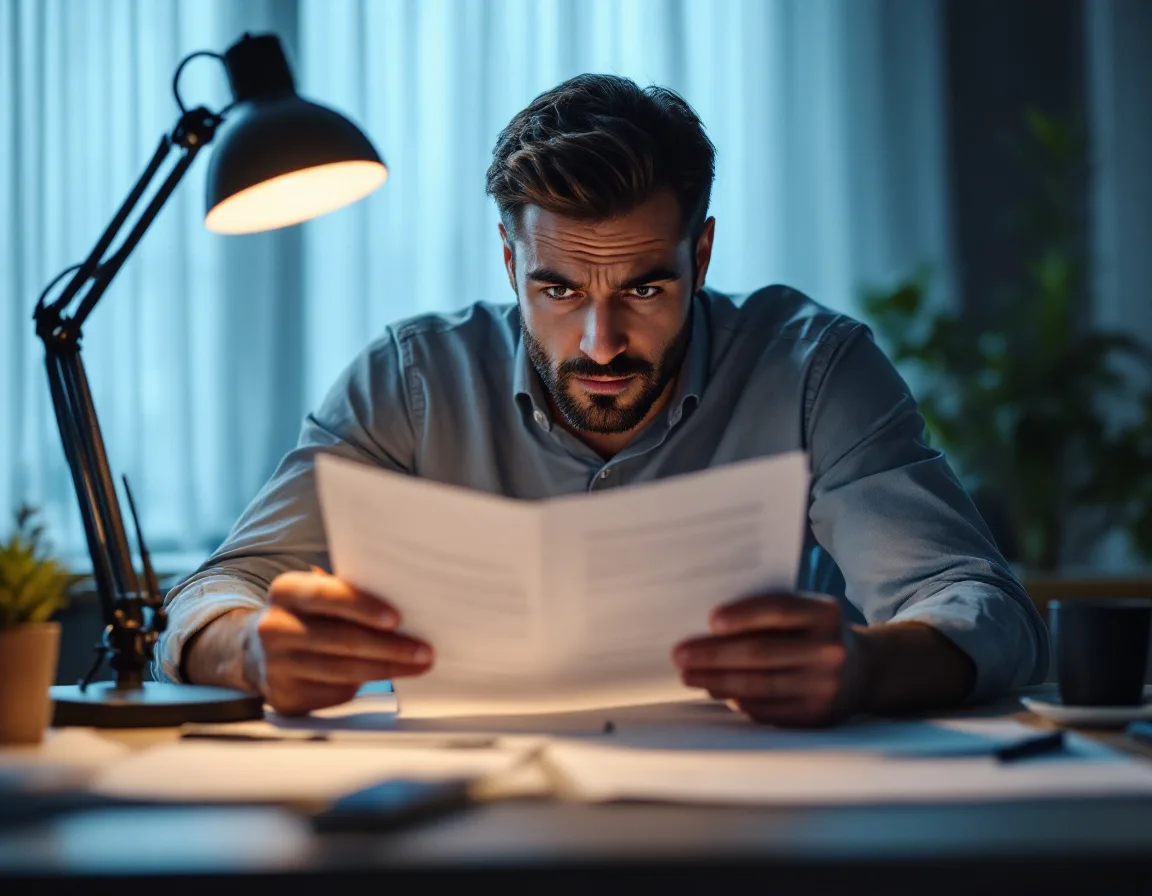 Finance director reading the fine print of a managed IT services contract under a desk lamp with a highlighter