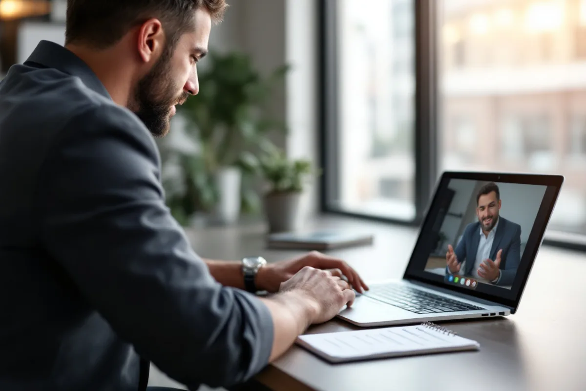 Houston business owner asking an MSP scope questions on a video call with a notepad of prepared questions