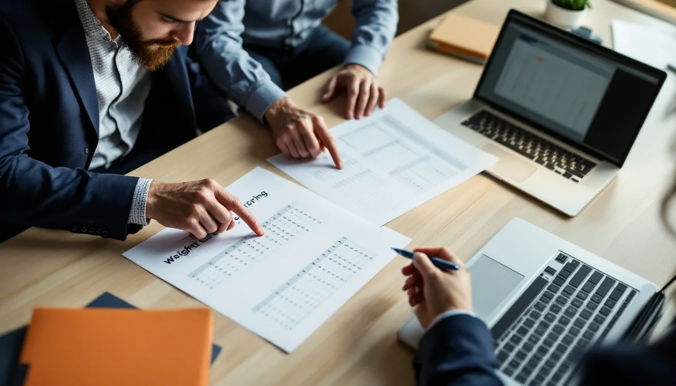 Three Texas business leaders scoring managed IT providers against a weighted MSP scorecard at a boardroom table