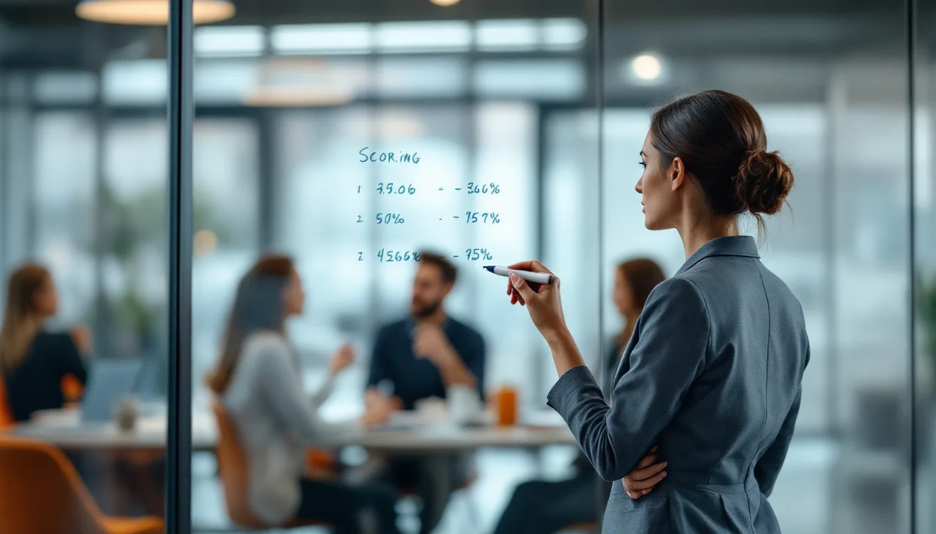 A vCIO writing MSP scorecard categories and percentage weights on a glass wall