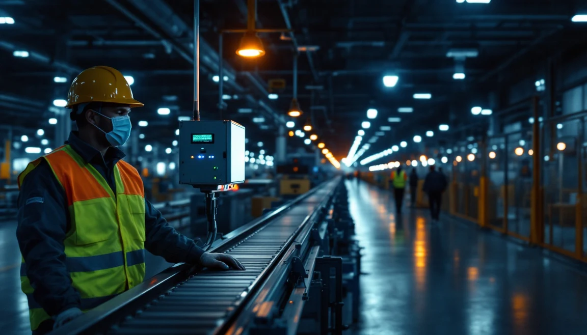 Single production line running on second shift inside a darkened Texas manufacturing plant with one operator at a barcode scanning station