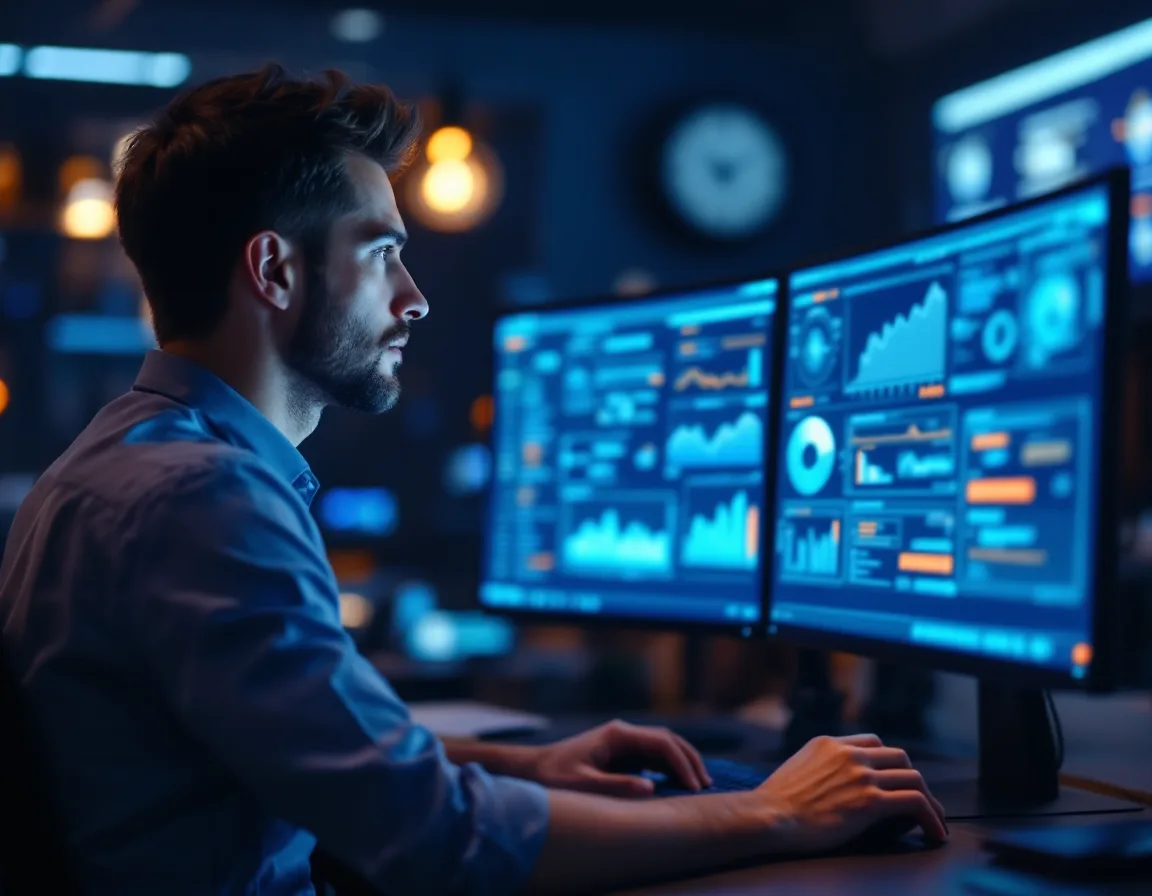 An IT service desk technician at a dual monitor workstation below a wall clock, illustrating the gap between SLA response time and actual resolution time