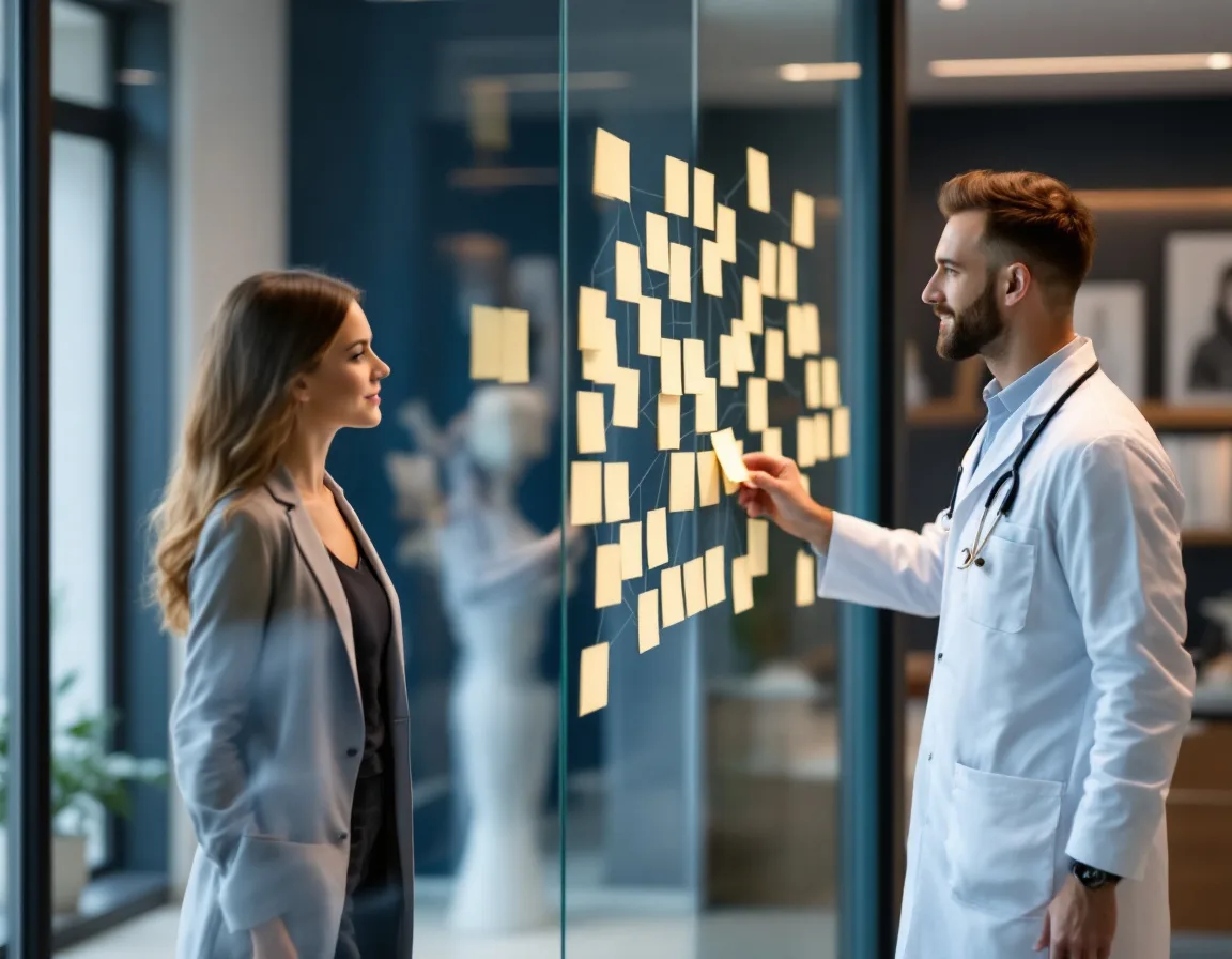 Practice administrator and physician mapping clinic locations on a glass planning wall