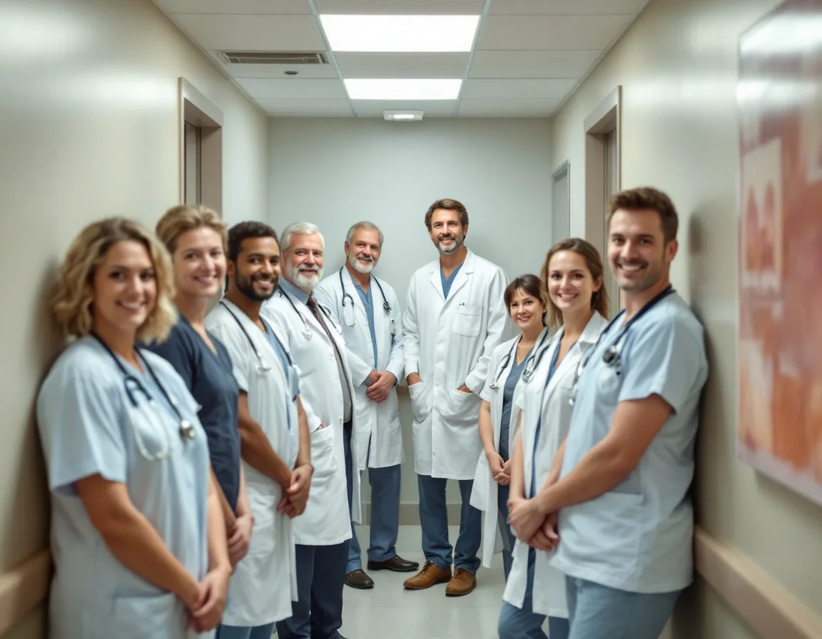 Clinic team of about ten staff in the corridor of a small Texas medical office