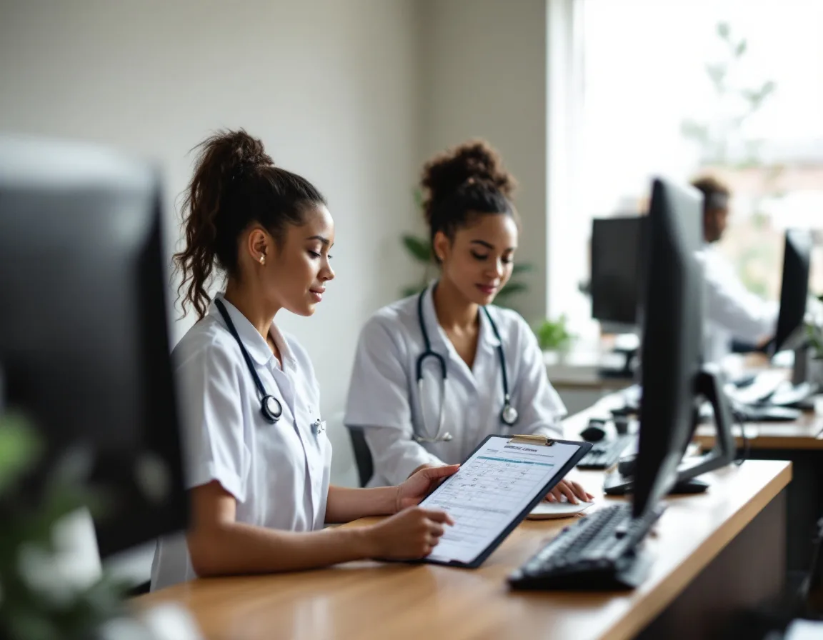 Front desk staff working from a printed schedule during an EHR outage with monitors switched off