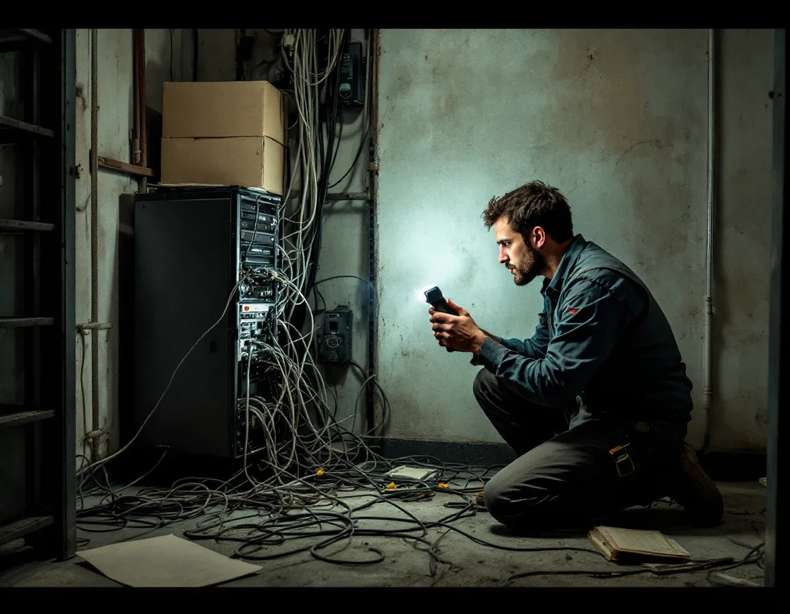 IT technician inspecting a legacy server left running in a back room of an acquired medical office