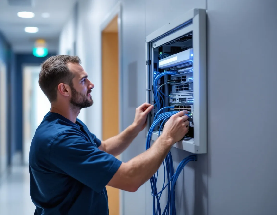 Engineer servicing a wall-mounted network cabinet in a medical clinic corridor