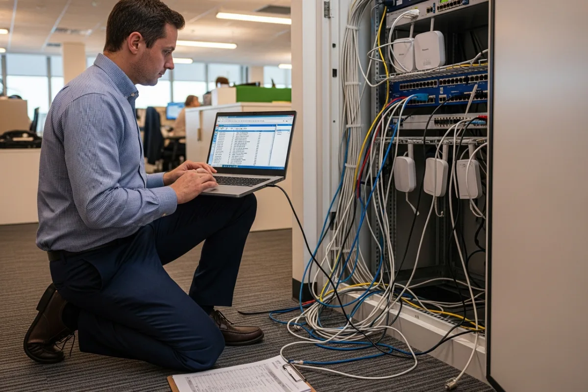 Engineer running a network security assessment at a wiring closet, cataloging switch and access point firmware versions