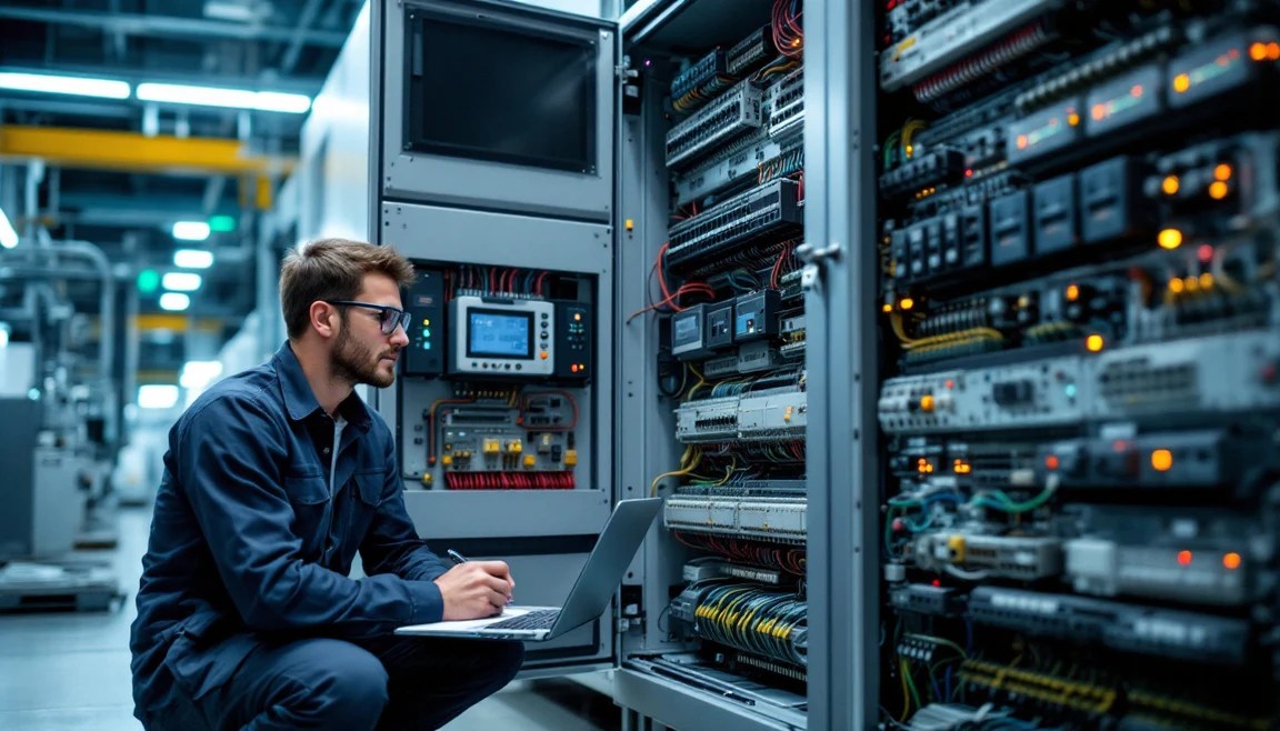 Engineer with a laptop taking a passive asset inventory beside an open industrial control cabinet filled with PLC modules and wiring