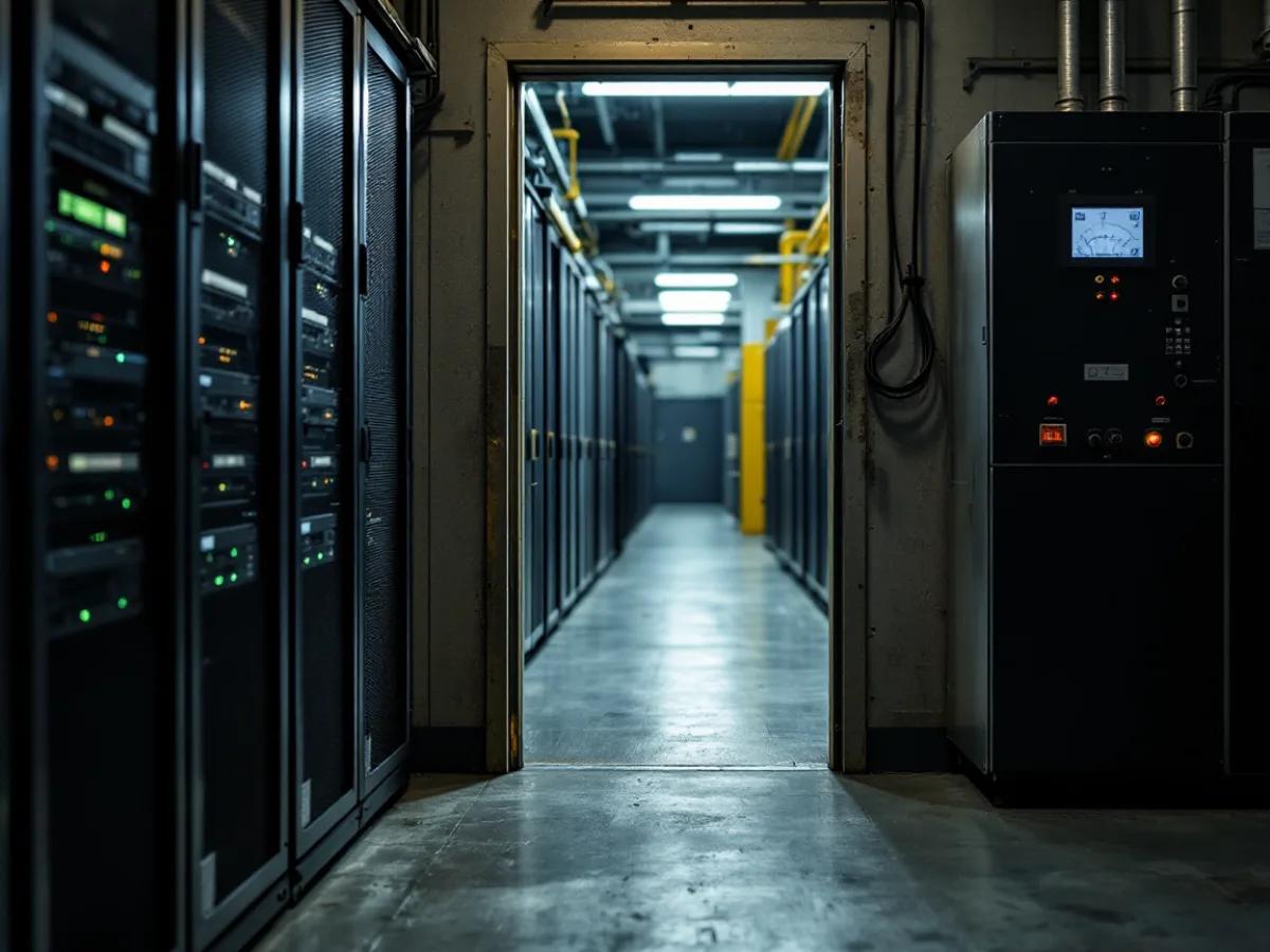 Network cable running from an office server rack through a doorway into an industrial control cabinet on a factory floor